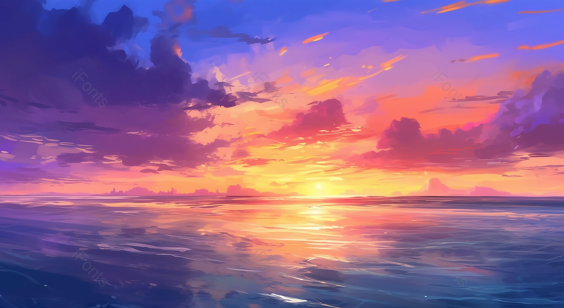 黄昏下阳光照射在海面一望无际的海岸线唯美海洋风景插画,插画/手绘图,插画/手绘图库,插画/手绘图下载,插画/手绘